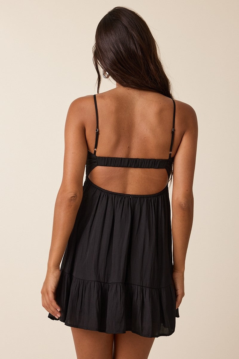 Women Mini Satin Black Babydoll Dress