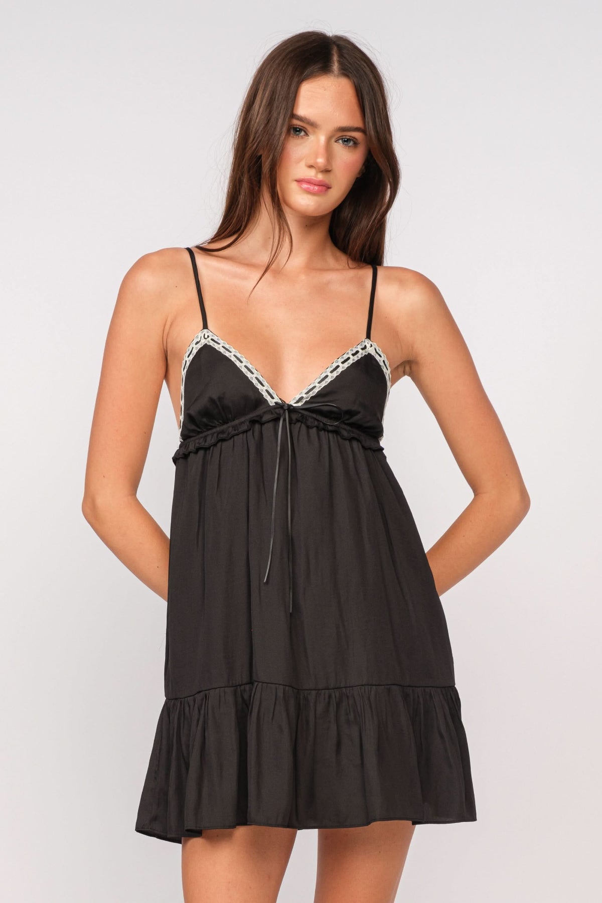 Sky to Moon Bridget Babydoll Mini Dress | Cami Straps V-Neck Lace Trim Style