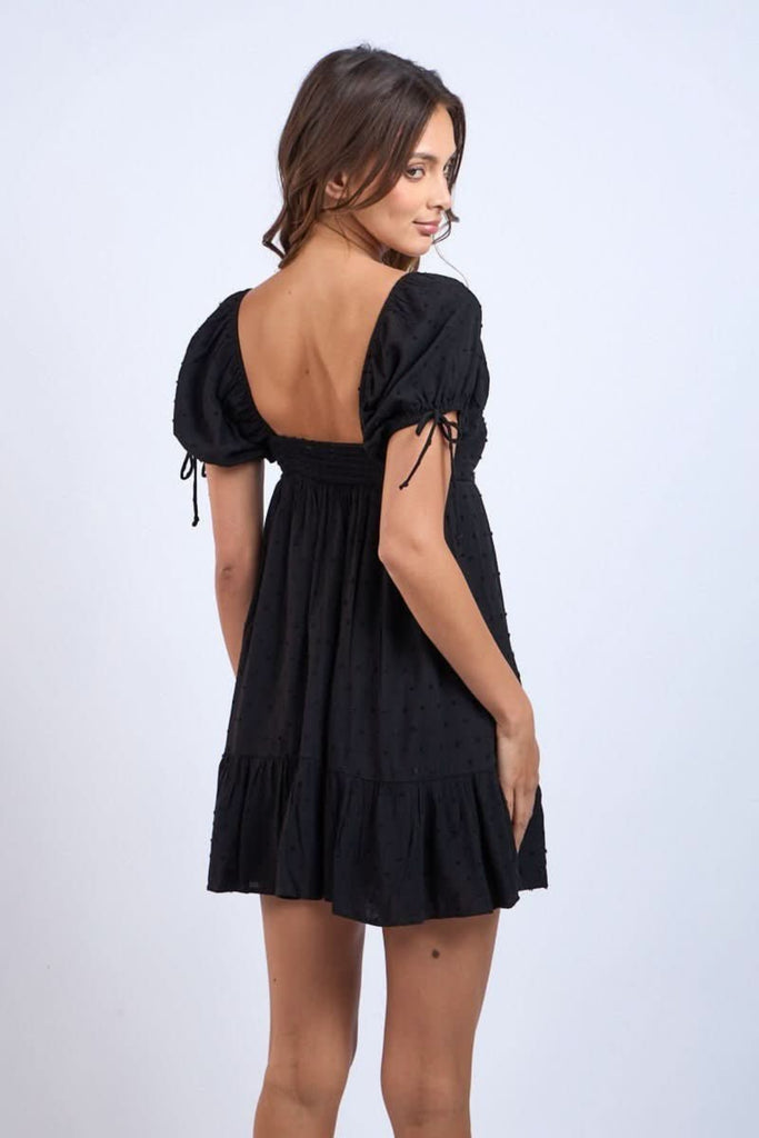 Black Short Puff Sleeve Babydoll Mini Dress
