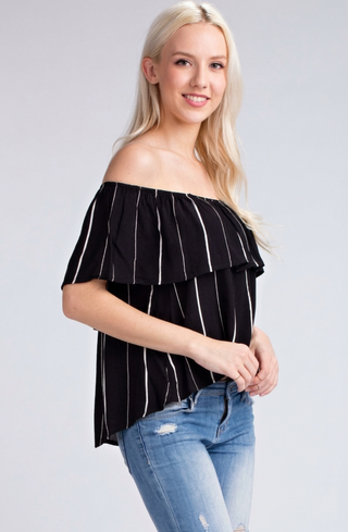Black Bardot ruffle top side view