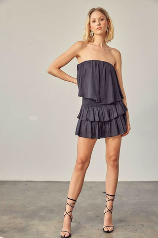 Monaco Vintage Black Strapless Ruffle Romper Outfit View | Boho Pink