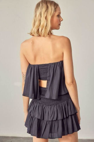 Monaco Vintage Black Strapless Ruffle Romper Back View | Boho Pink