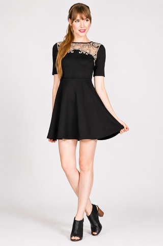Maggie Black Crochet Trim Skater Dress outfit view