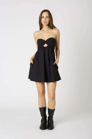 Black eyelet strapless mini dress: Black Graduation Dresses Collection