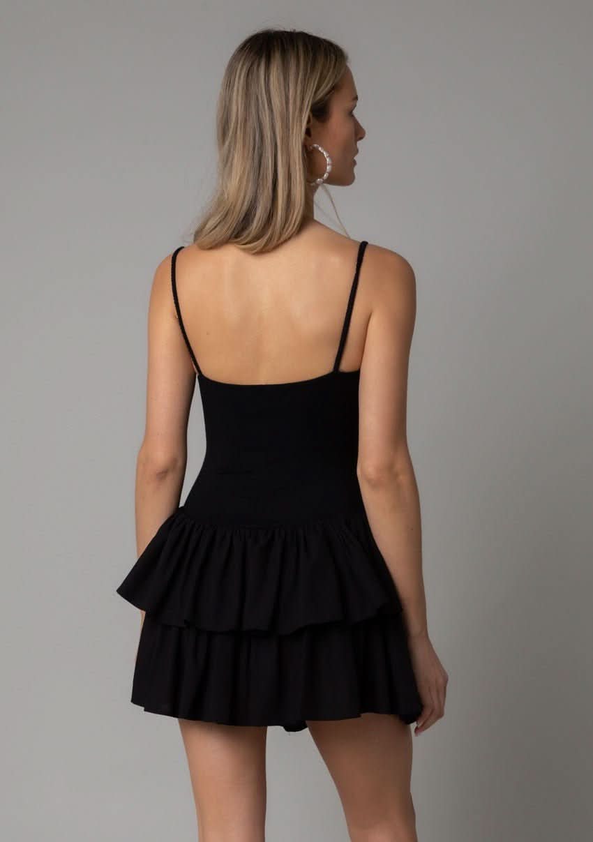 Liliana Black Ruffle Mini Dress by Olivaceous - Size L - Cute Ruched Tiered Hem - 100% Tencel Liliana Black Ruffle Mini Dress by Olivaceous - Size L - Cute Ruched Tiered Hem - 100% Tencel