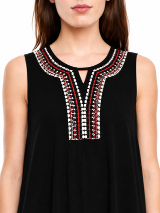 Petra Black Sleeveless Embroidered Neckline Top Close-Up