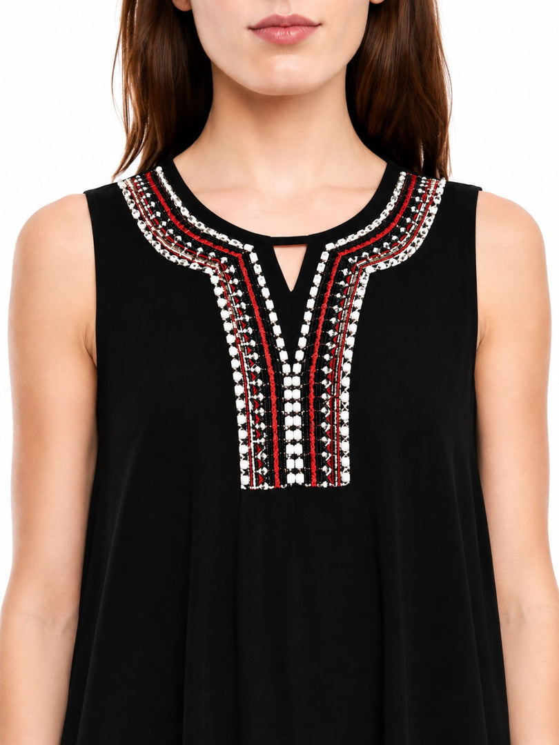 Petra Black Sleeveless Embroidered Neckline Top Close-Up