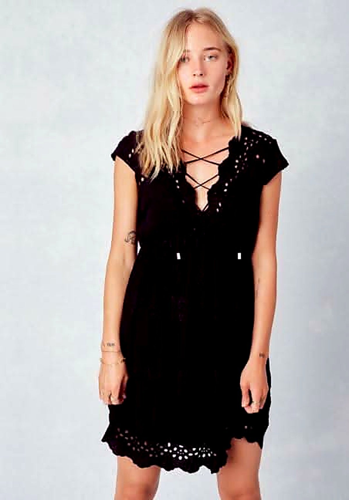 Black Eyelet Lace-Up Mini Dress