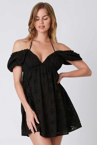 Black eyelet off shoulder mini dress for summer events