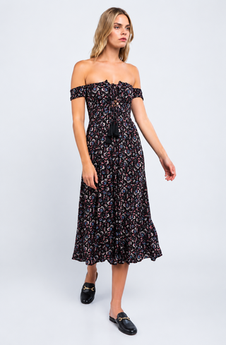 Allison Black Floral Off-the-Shoulder Culotte Jumpsuit outfit view