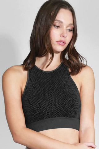 Black snakeskin high neck bralette by NIKIBIKI, vintage print sports bra top - front view