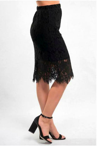 black lace knee length skirt side view fitted silhouette lace hem