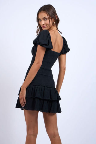 Mimi Black Puff Sleeve Mini Dress back view