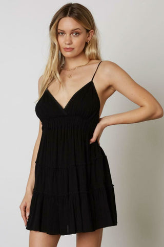 Black mini dress with tiered skirt