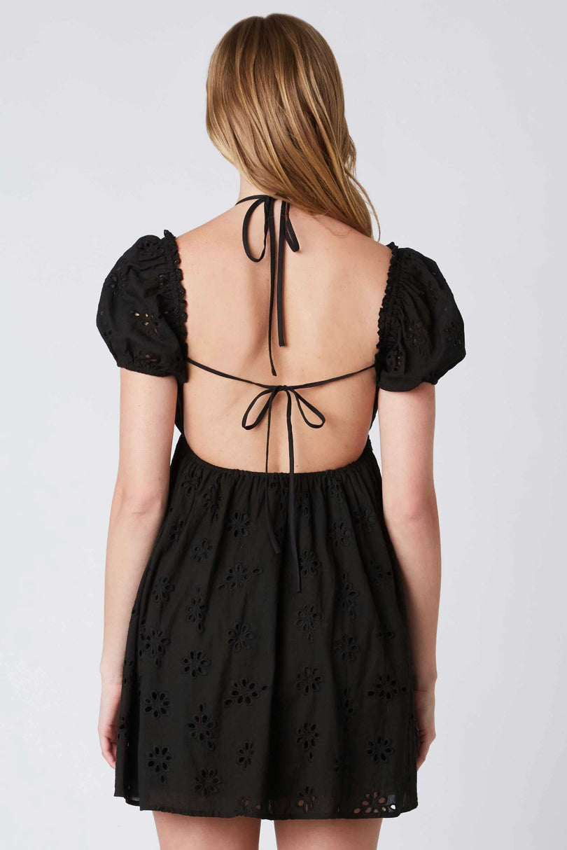 Black cotton eyelet mini dress back view