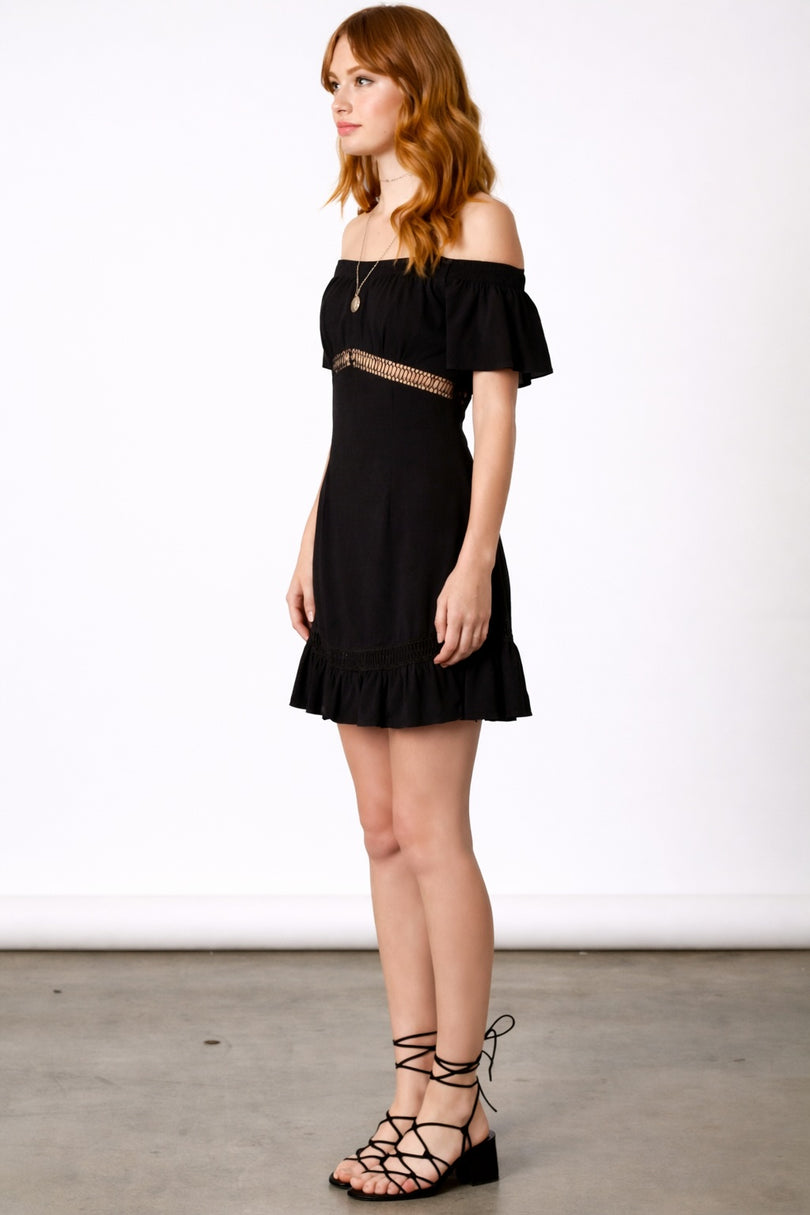 black off the shoulder a-line mini dress side view