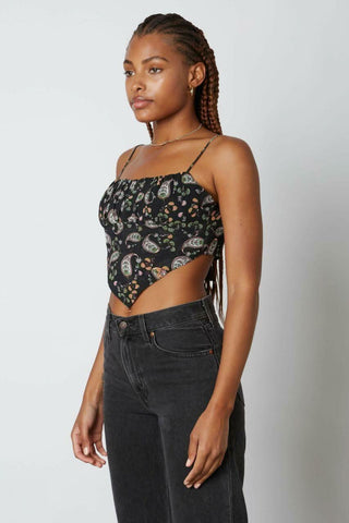 black paisley crop top side view lightweight fit