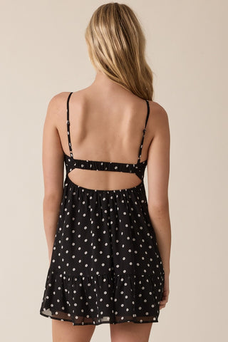 Gracie Black Polka Dot Cami Mini Dress - Back View Black Polka Dot Babydoll Mini Dress