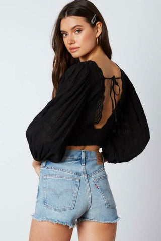 black puff sleeve crop top back tie detai