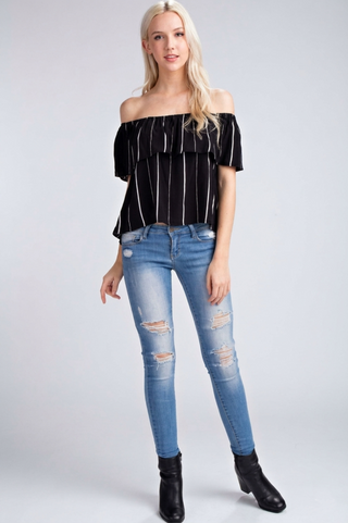 Black striped summer top with jeans