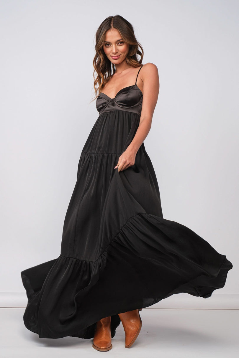 Blaire Black Satin Tiered Maxi Dress front View