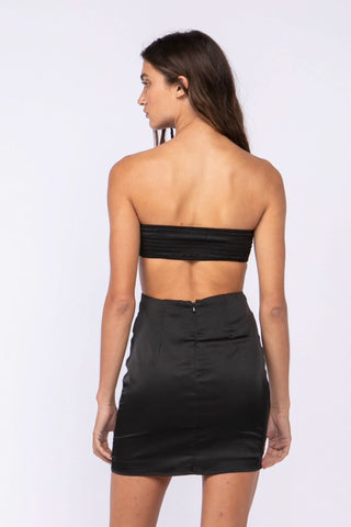 Black Satin Strapless Dress with Side Cutout Waist Detail - back view
