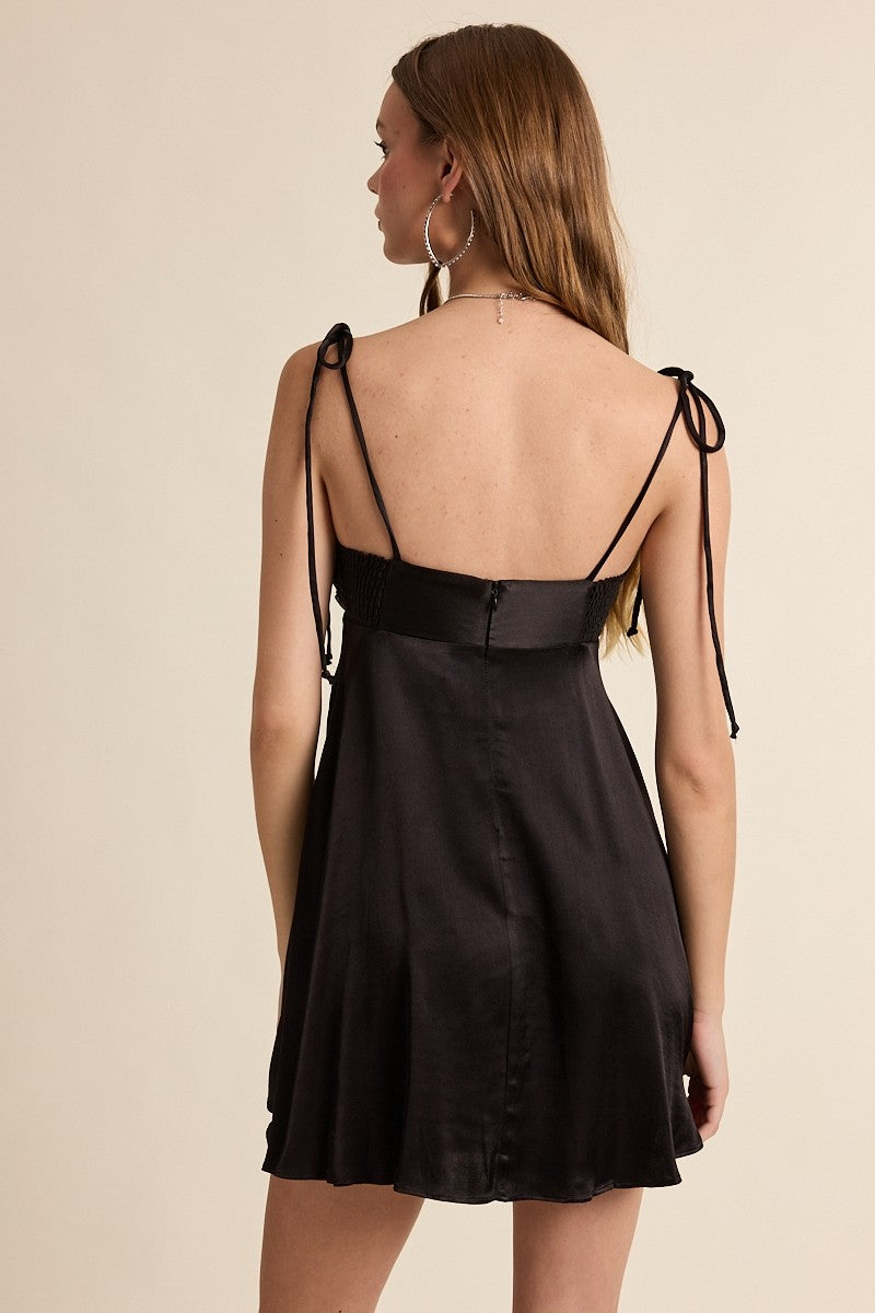 Mini Black Satin Dress V Neck