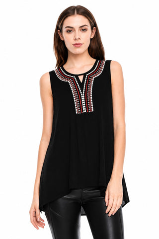 Petra Black Sleeveless Embroidered Neckline Top detailed view