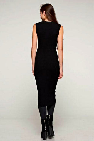 black ribbed knit sleeveless sweater dress bodycon midi back view