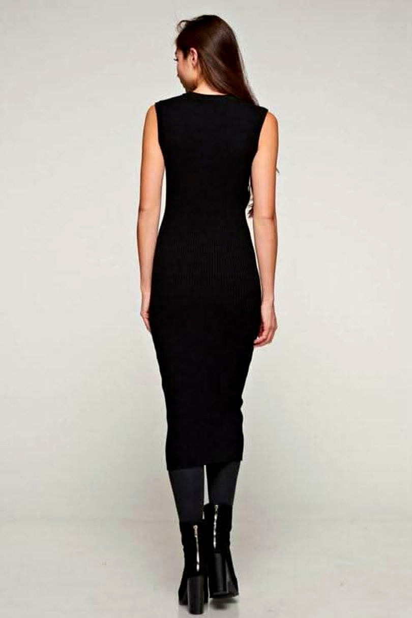 black ribbed knit sleeveless sweater dress bodycon midi back view