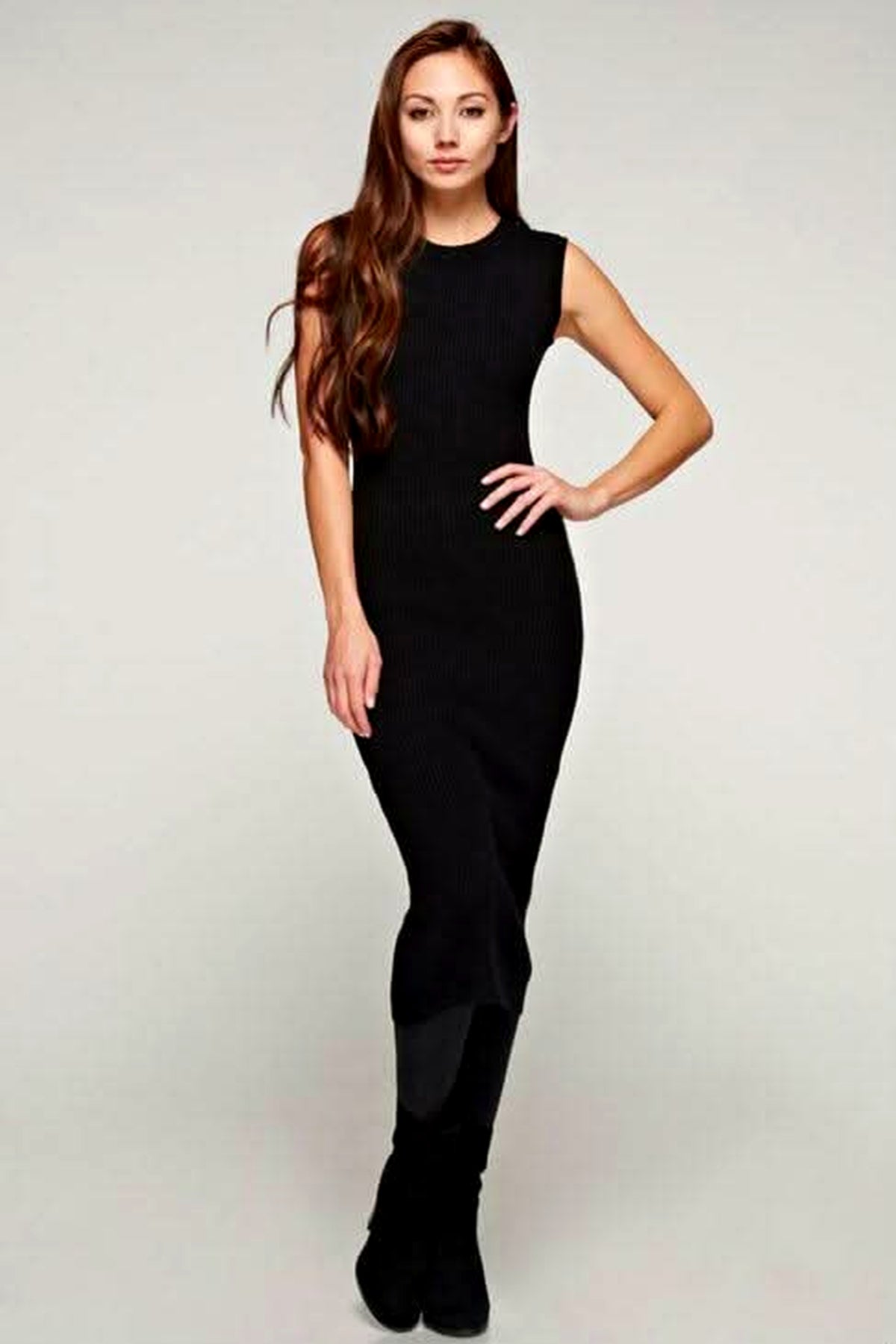 Lovestitch Black Ribbed Knit Crew Neck Sweater Dress - Size S