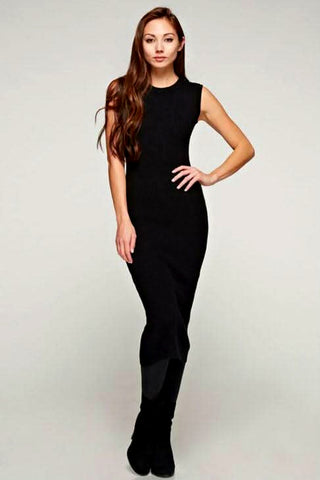 black ribbed knit sleeveless sweater dress bodycon midi front view