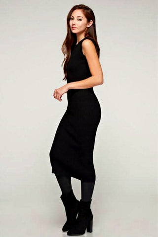 black ribbed knit sleeveless sweater dress bodycon midi side view