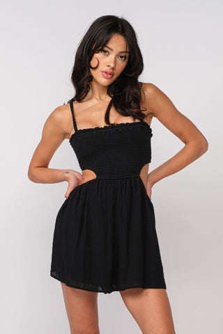 Molly Black Smocked Cutout Romper - Front View