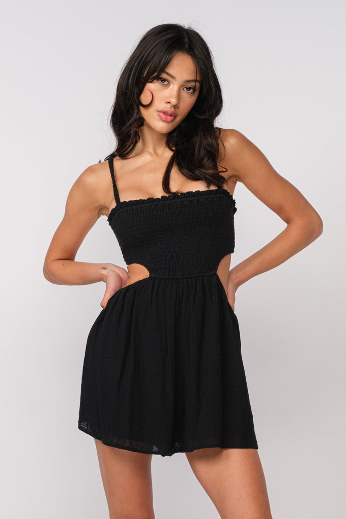 Black Smocked Cami Romper Dresses