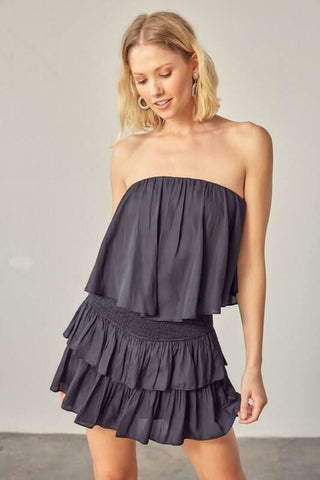 Monaco Vintage Black Strapless Ruffle Romper | Boho Pink