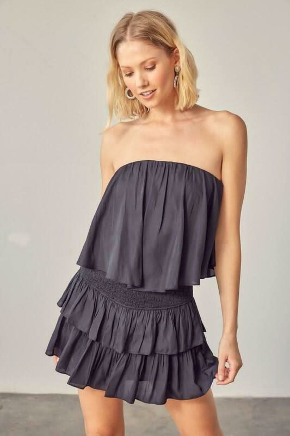 Monaco Vintage Black Strapless Ruffle Romper | Boho Pink