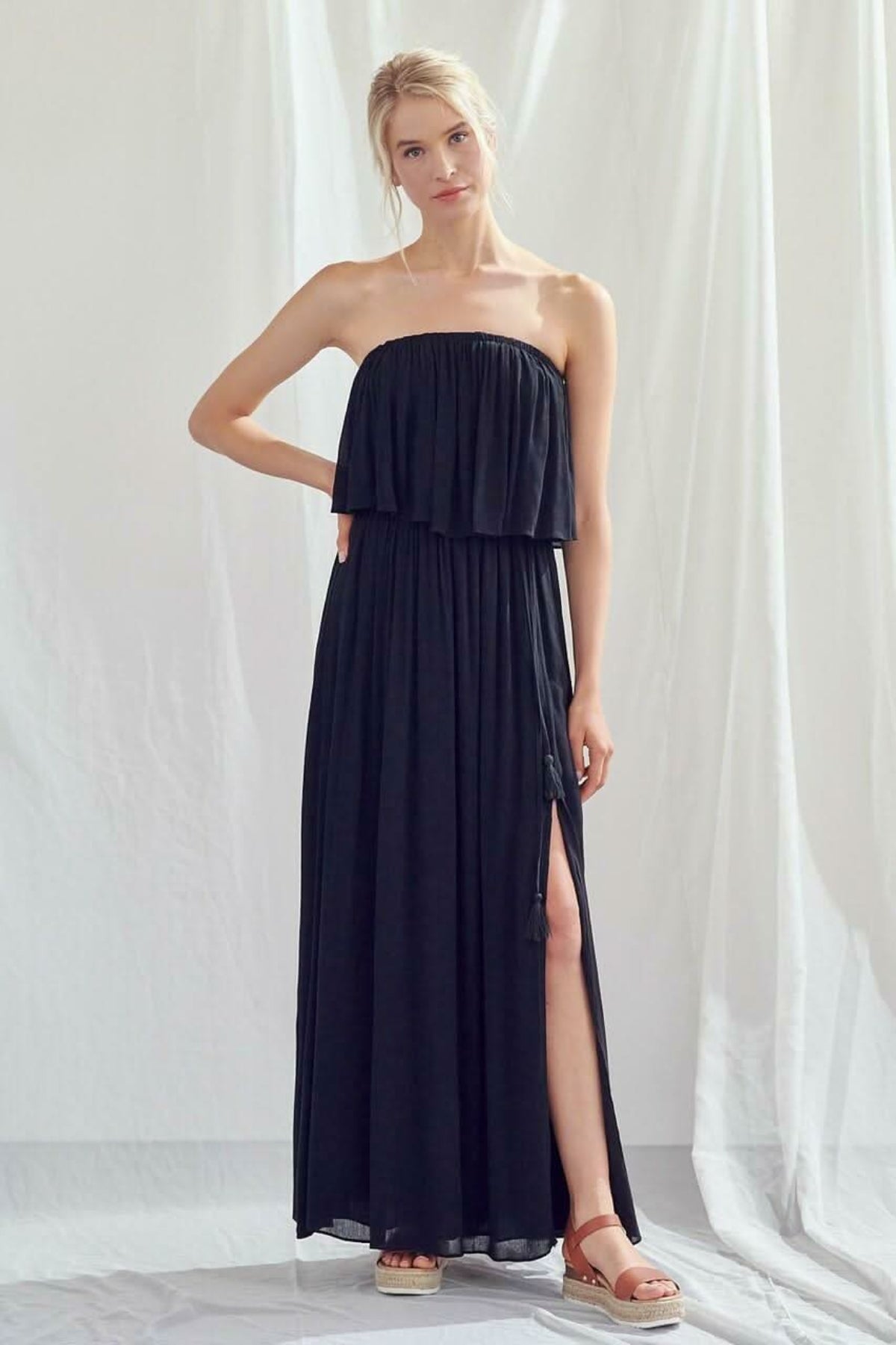 Mustard Seed Monaco Black Boho Strapless Maxi Dress, Size S — Smocked Overlap Back, No-Slip Strips, Flowy Rayon
