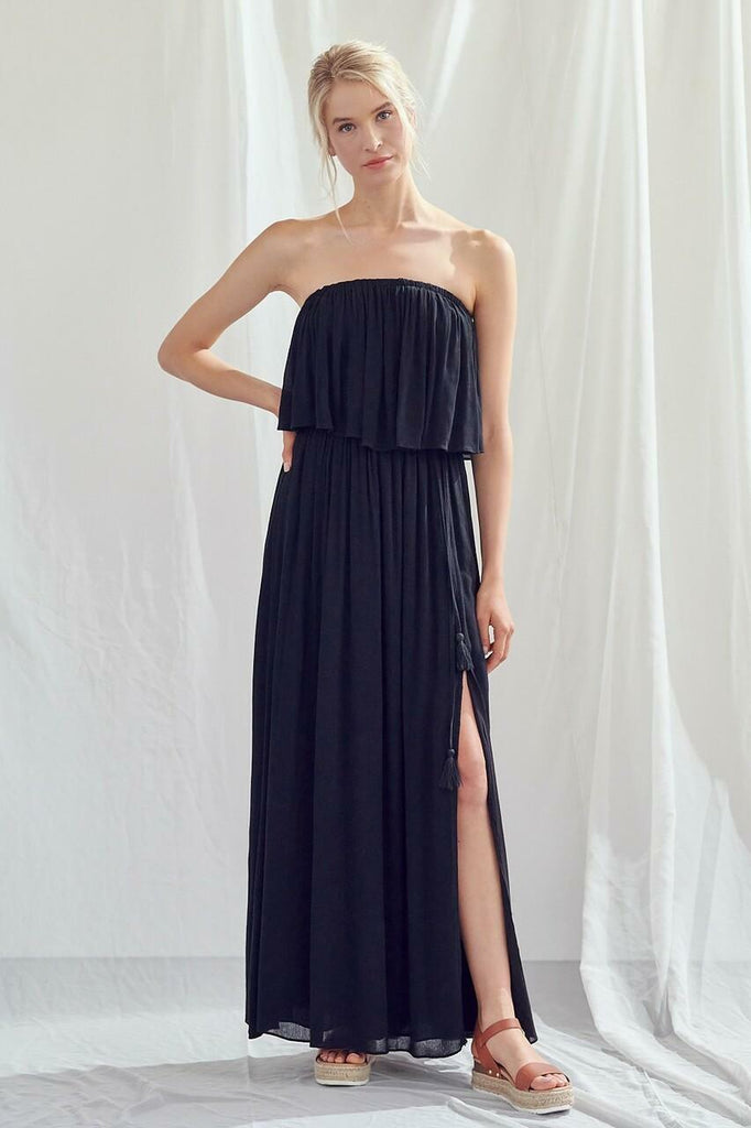 Black Strapless Ruffle Maxi Dress