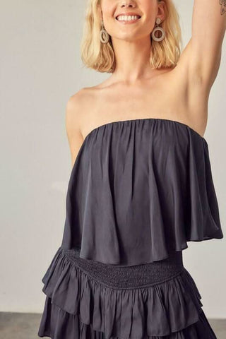 Monaco Vintage Black Strapless Ruffle Romper Close-Up View | Boho Pink