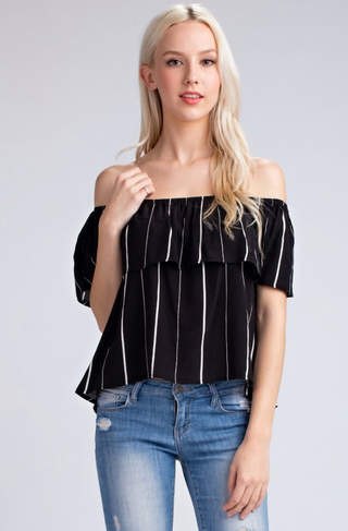 Black striped off the shoulder ruffle top front view