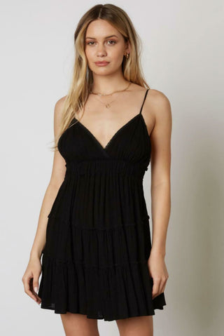 Black tiered babydoll mini dress front view