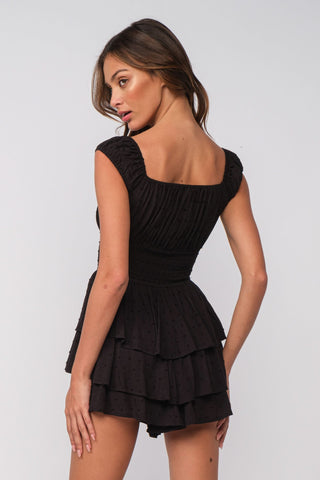 Laney Black Tiered Ruffle Romper Dress back view