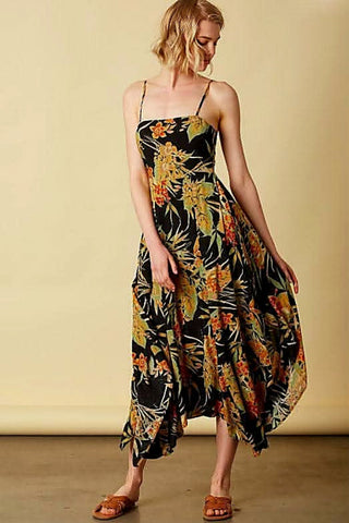 black tropical floral print tie back midi dress outfit view