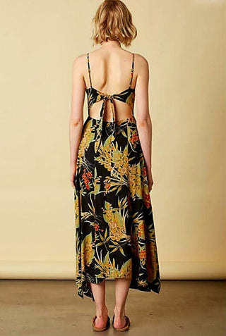 black tropical floral print tie back midi dress back view