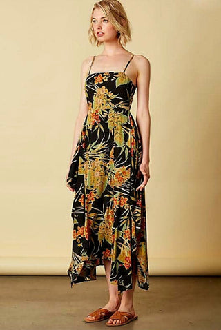 black tropical floral print tie back midi dress front