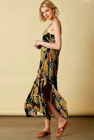 black tropical floral print tie back midi dress side view