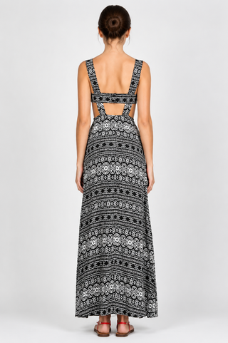 Black and White Medallion Print Sleeveless Maxi Dress back view
