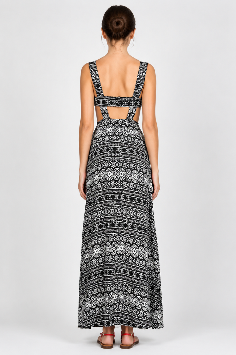 Black and White Medallion Print Sleeveless Maxi Dress back view