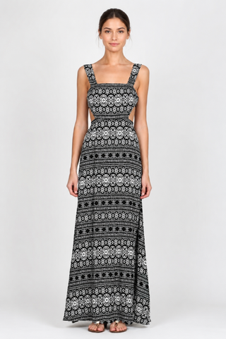 Black and White Medallion Print Sleeveless Maxi Dress front view